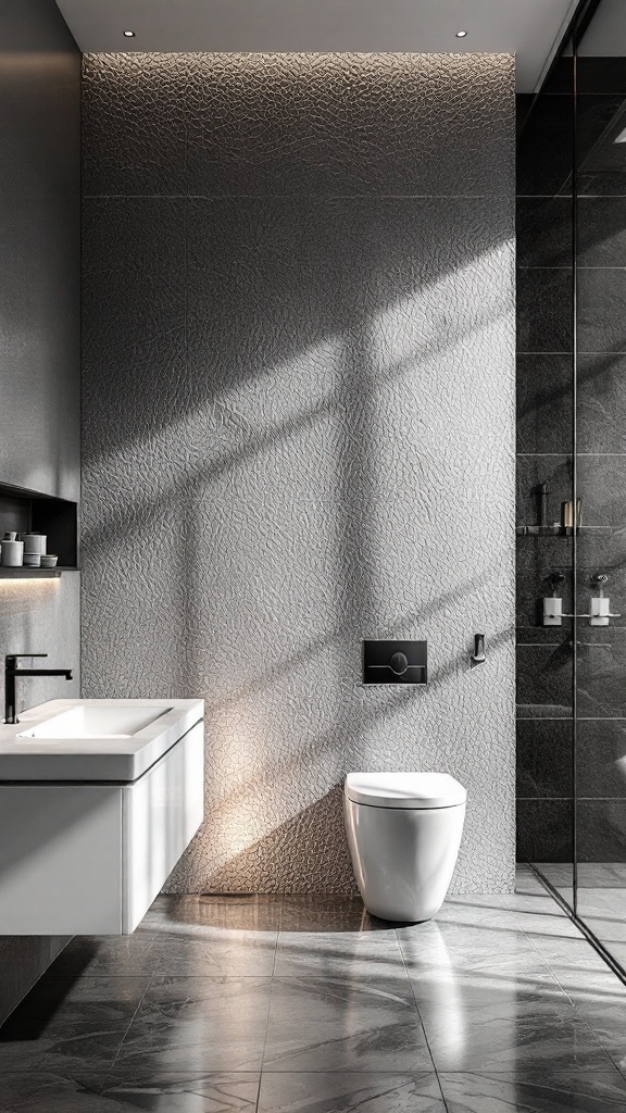 Bathroom with textured 3D wall tiles and modern fixtures