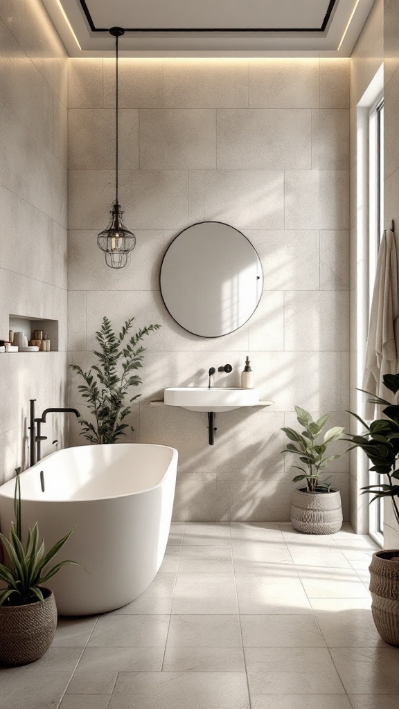 A modern bathroom featuring textured tiles, a freestanding bathtub, and plants for a spa-like atmosphere.