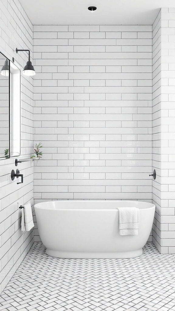 Bathroom featuring white subway tiles on the walls, a modern bathtub, and black fixtures.