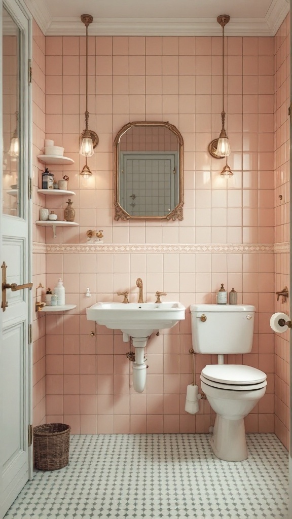 A vintage-inspired bathroom with pink wall tiles and patterned floor tiles