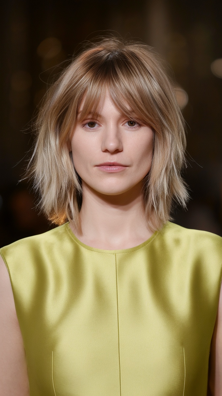 A model with a layered lob haircut and bangs, wearing a bright yellow top.