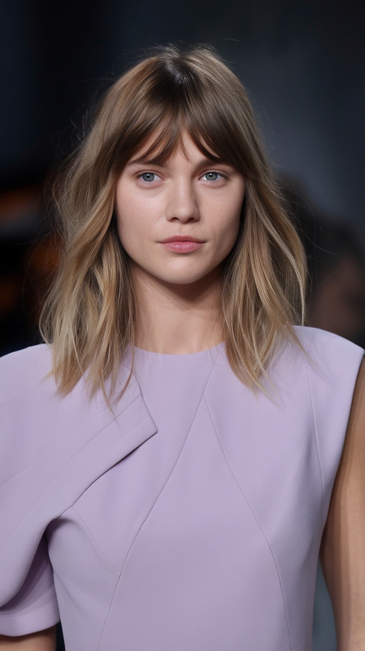 A model with a layered lob haircut featuring curtain bangs, wearing a light purple top.