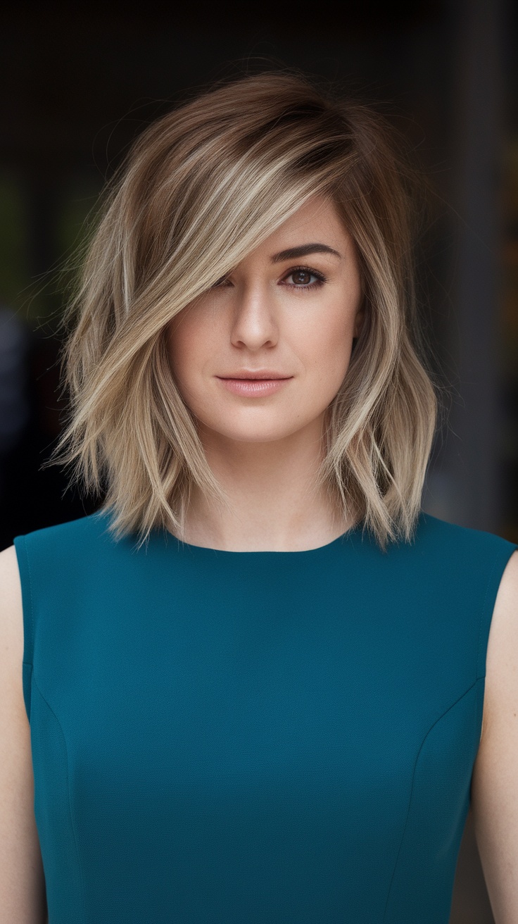 A woman with layered lob haircut and highlights, wearing a teal top.