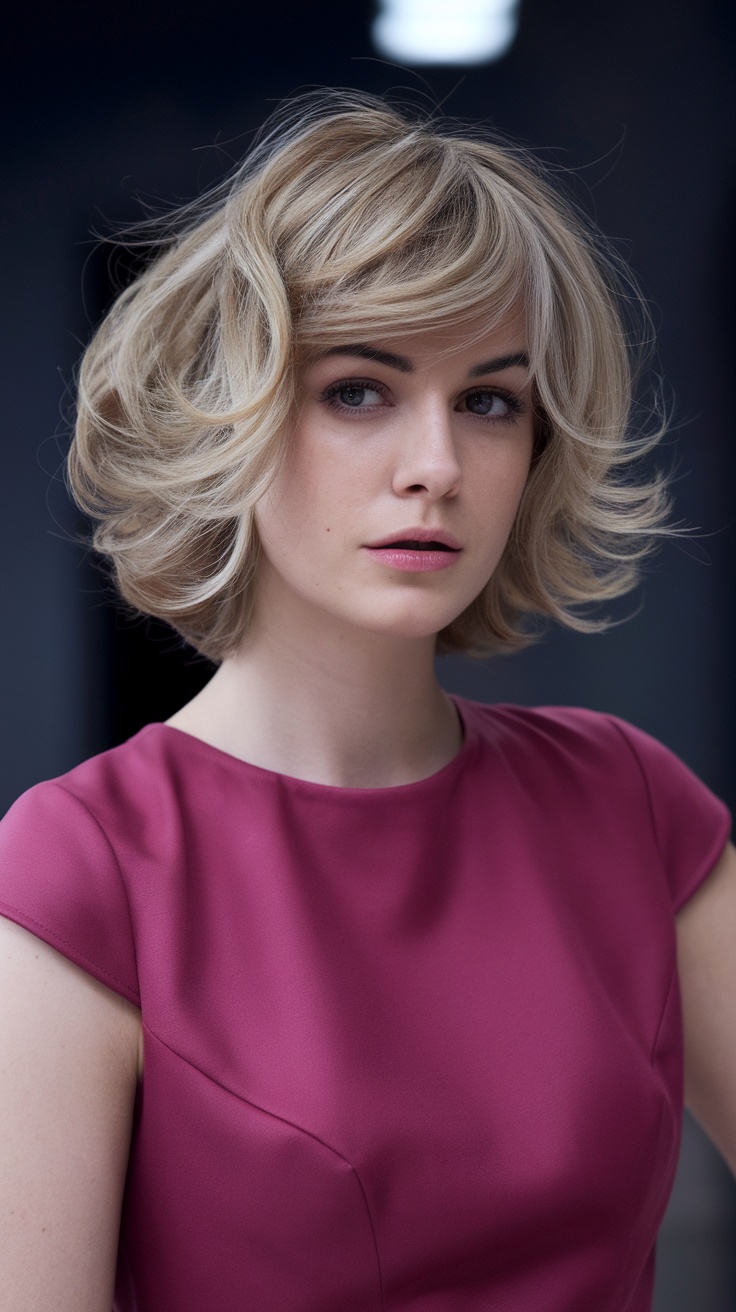 A woman with layered lob haircut styled in soft curls, wearing a pink dress.