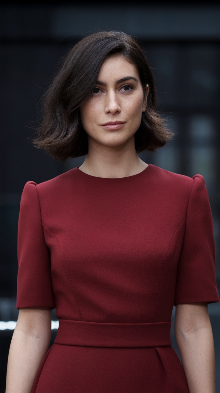 A woman with a layered lob haircut, wearing a red dress.