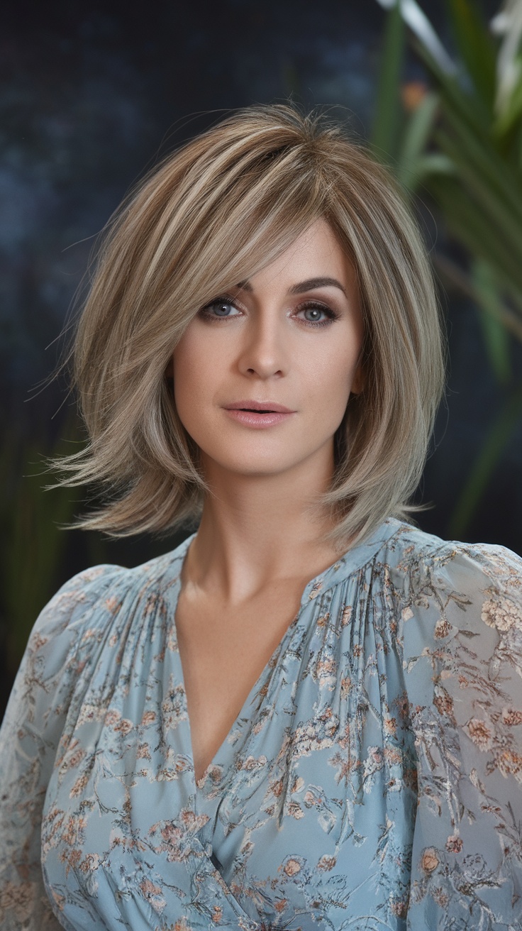 A woman with a medium-length layered lob hairstyle, wearing a floral blouse, against a blurred background.