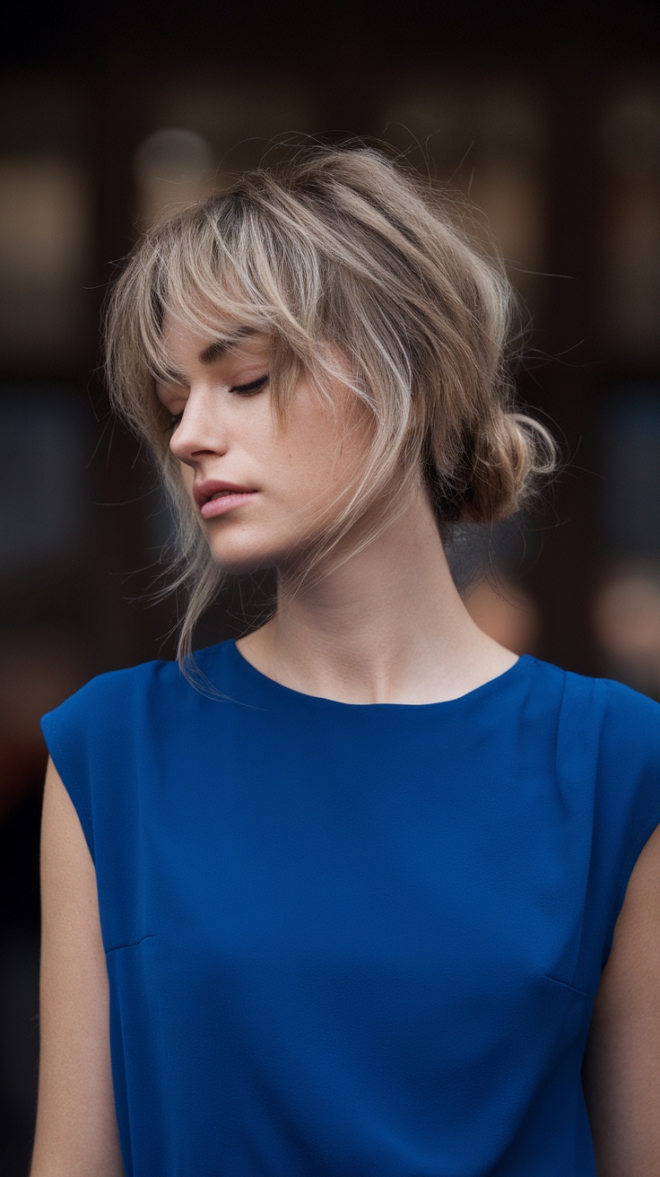 A woman with a layered lob haircut, wearing a blue top, with a relaxed and textured hairstyle.