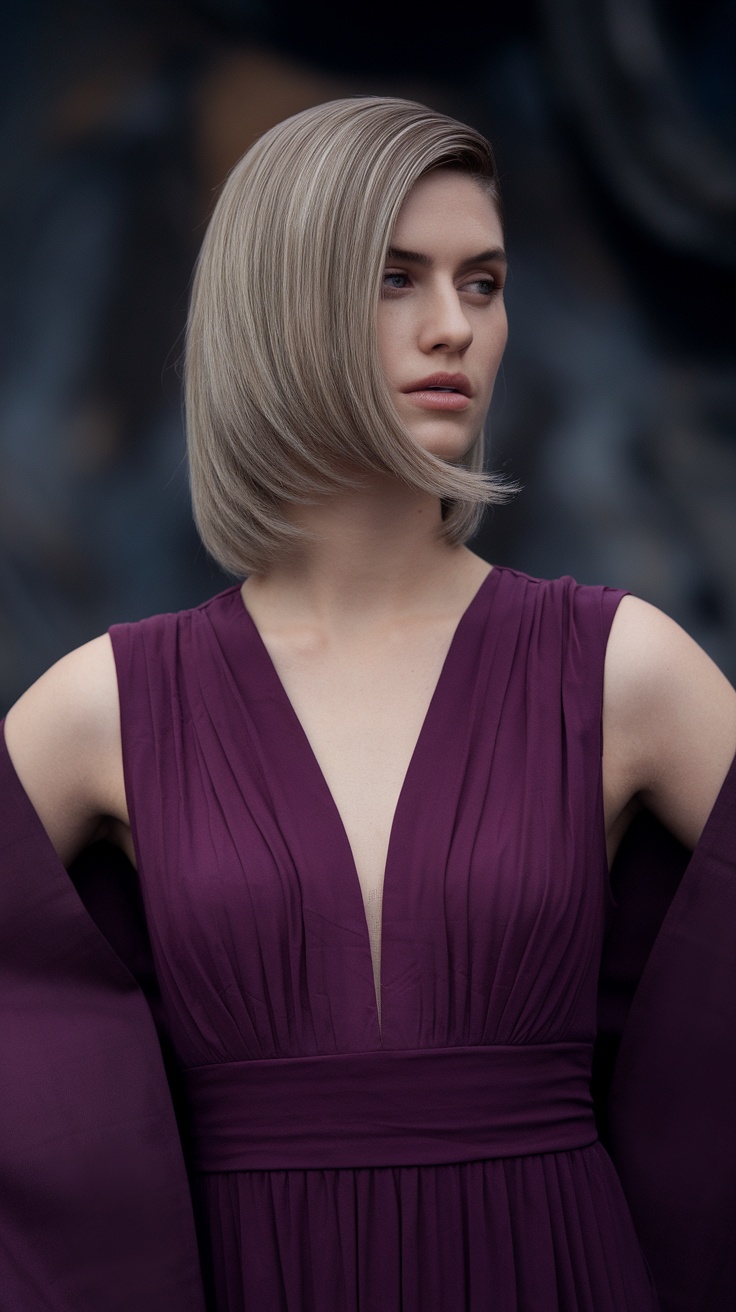 A model showcasing a modern layered lob haircut, wearing a purple dress.