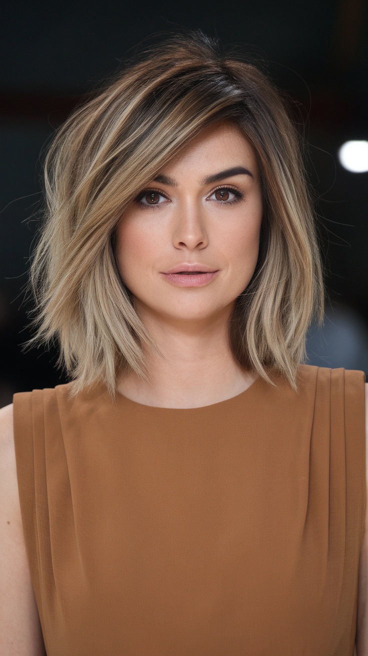 A woman with a shoulder-length layered lob haircut, showcasing texture and movement.