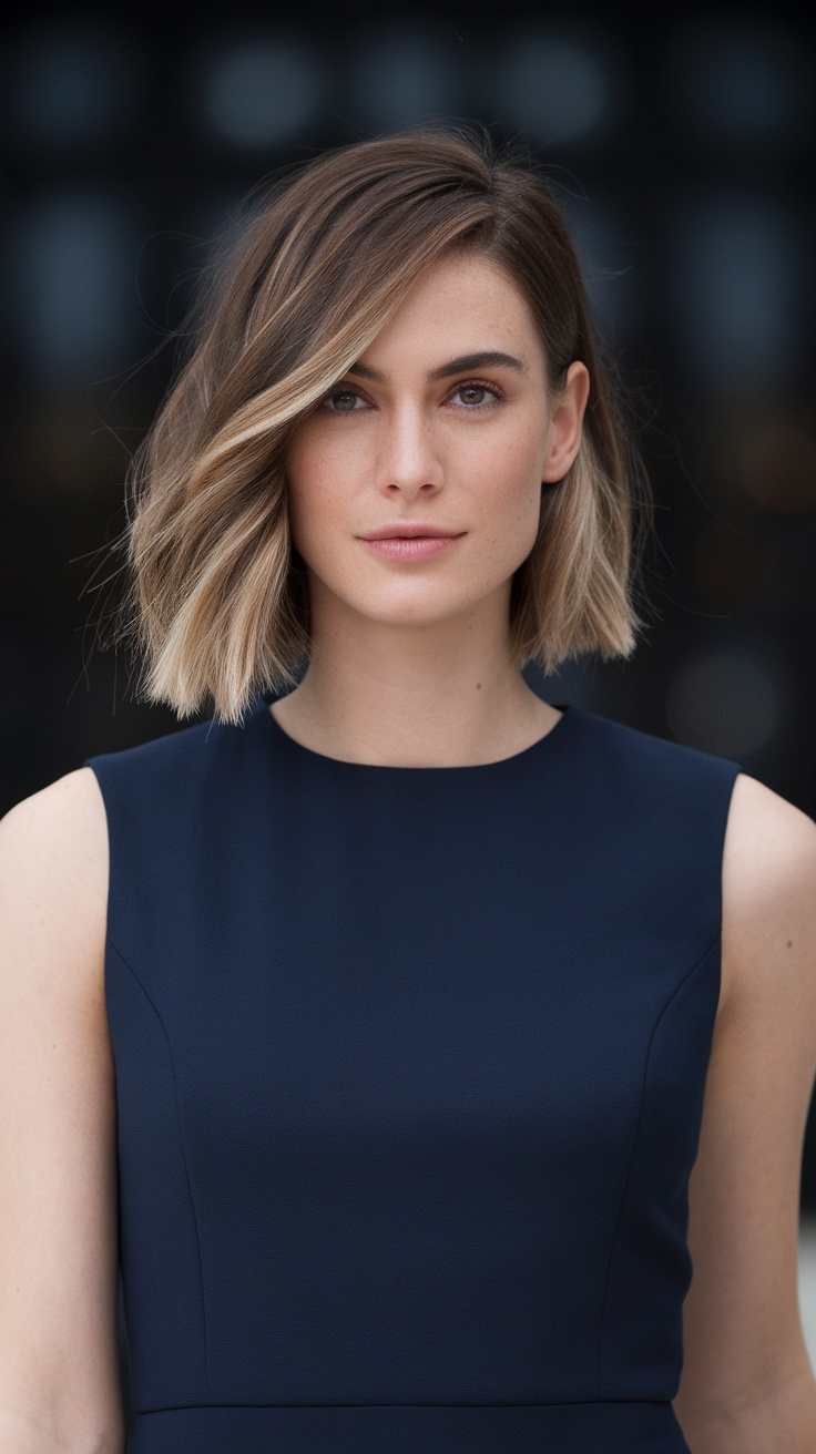 A woman with a subtle layered lob haircut, wearing a navy dress.