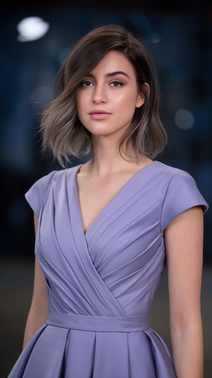 A model with a swoopy layered lob haircut wearing a lavender dress.