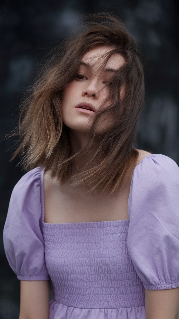 A woman with a layered lob haircut, looking carefree with tousled hair.