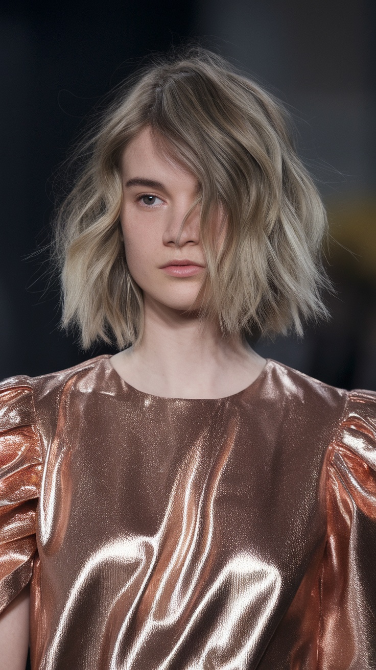 Model with a wavy layered lob hairstyle and a shiny bronze top.