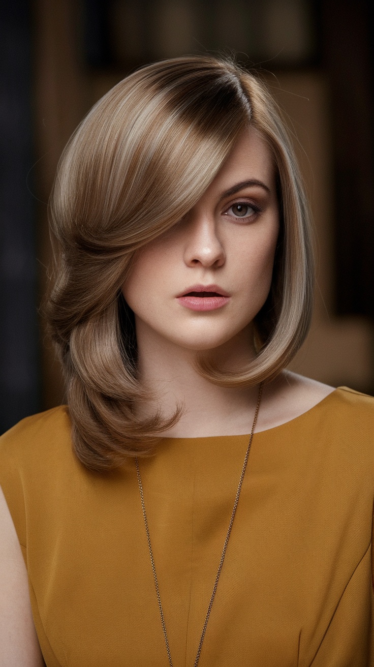 A woman with a deep side part layered lob hairstyle, showcasing soft waves and volume.