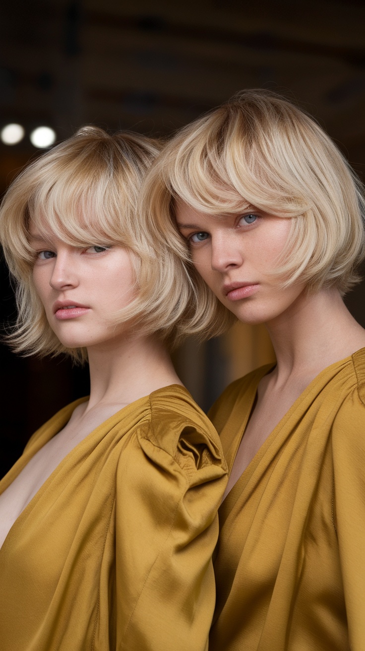 Two models with blonde flipped-out layered lob hairstyles