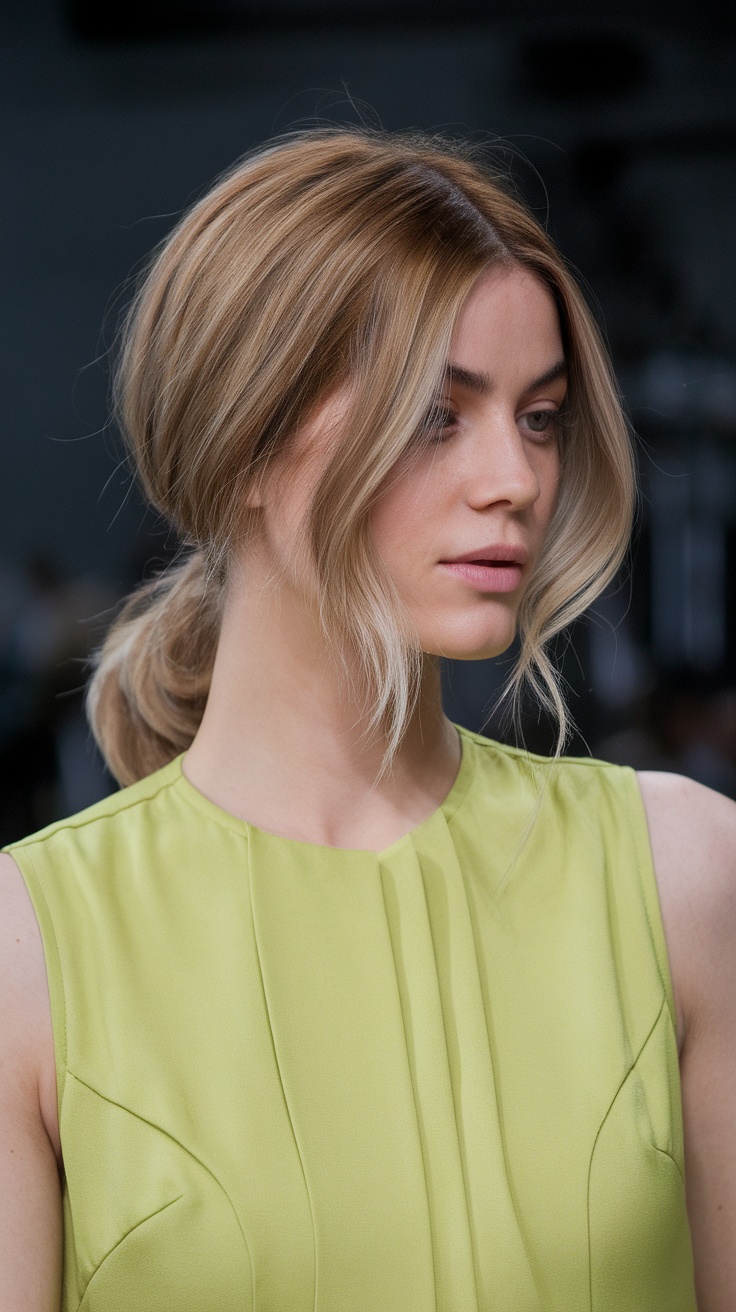 A woman with a layered lob hairstyle, featuring soft waves and a light blonde color, wearing a green sleeveless top.