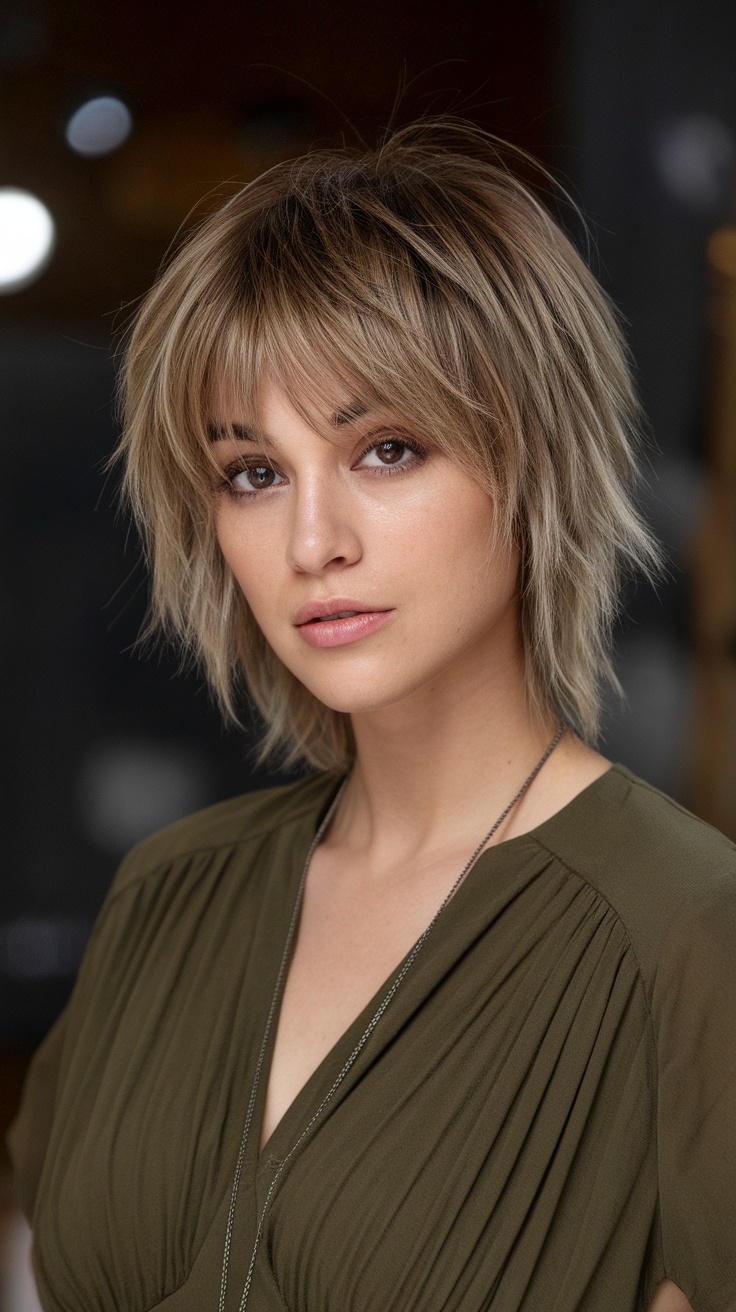 A woman with shaggy layered lob hairstyle, looking stylish and confident.