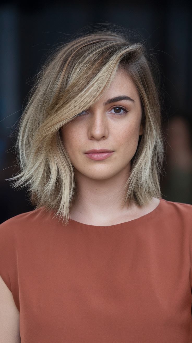 A woman with a side-parted layered lob haircut, featuring soft waves and a natural look.