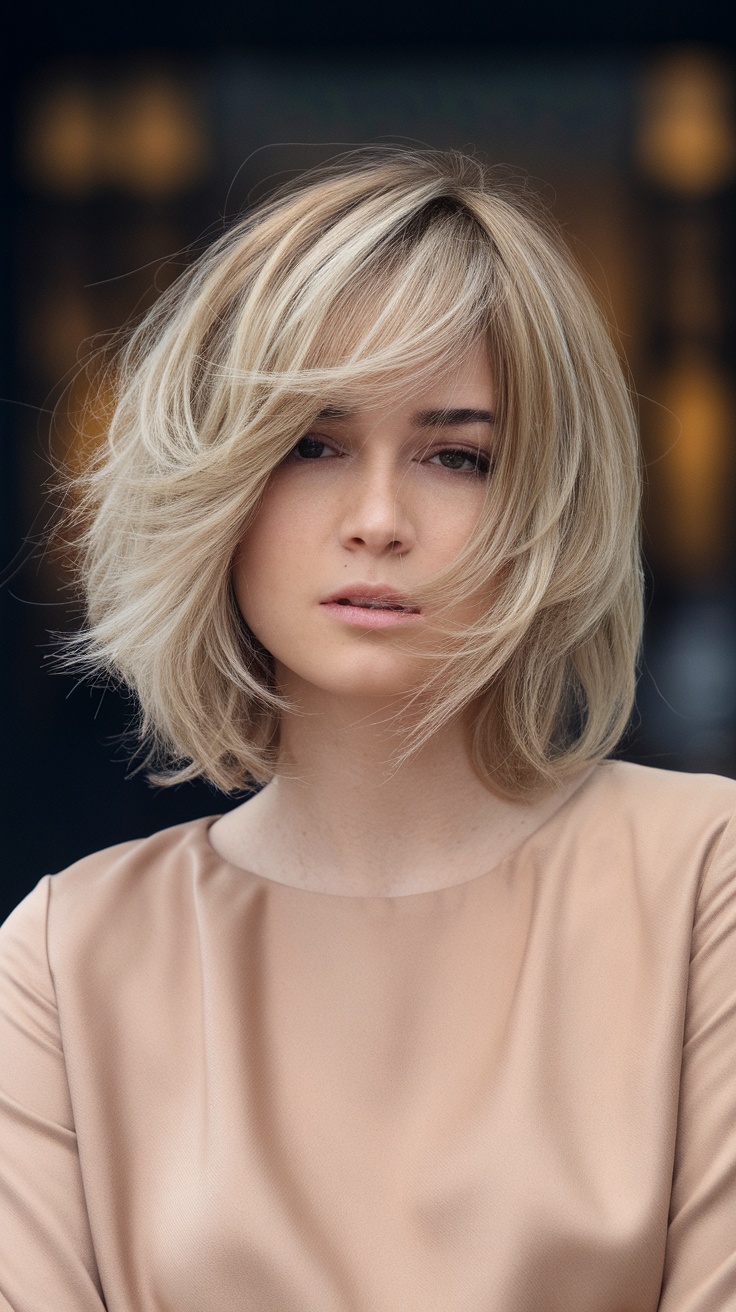 A model with a soft feathered layered lob hairstyle, featuring light blonde hair and a neutral top.