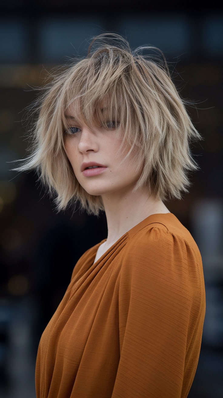 Woman with a tousled layered lob haircut wearing an orange top.