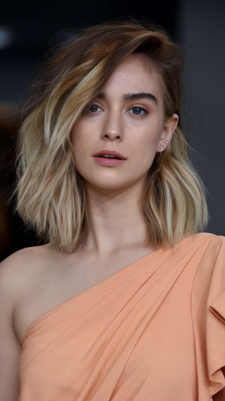 A woman with a wavy balayage layered lob hairstyle, wearing a peach-colored top.