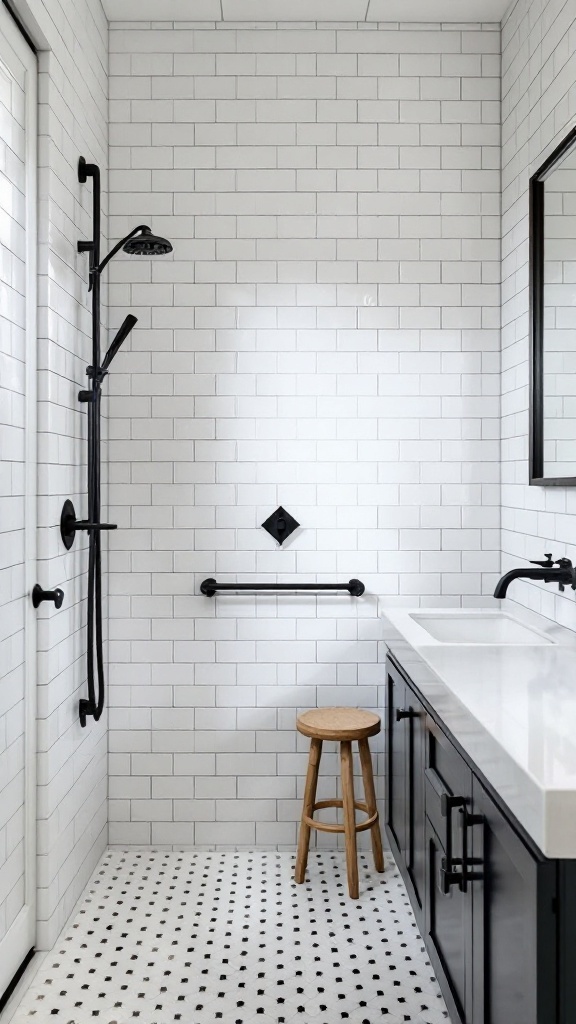 A modern bathroom featuring classic white subway tiles with dark grout, black fixtures, and a minimalist design.