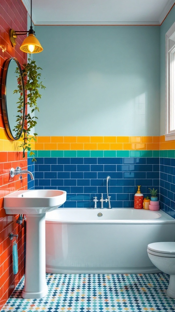 A colorful bathroom with red, blue, green, and yellow subway tiles, a round mirror, and a bathtub.
