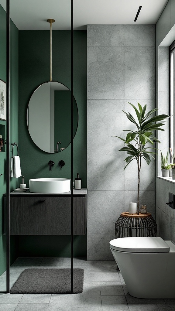 A modern bathroom featuring green walls, gray tiles, a round mirror, and a potted plant.
