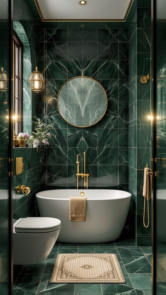 A luxurious bathroom featuring deep green tiles and gold fixtures, showcasing a modern design with a bathtub, mirror, and decorative elements.