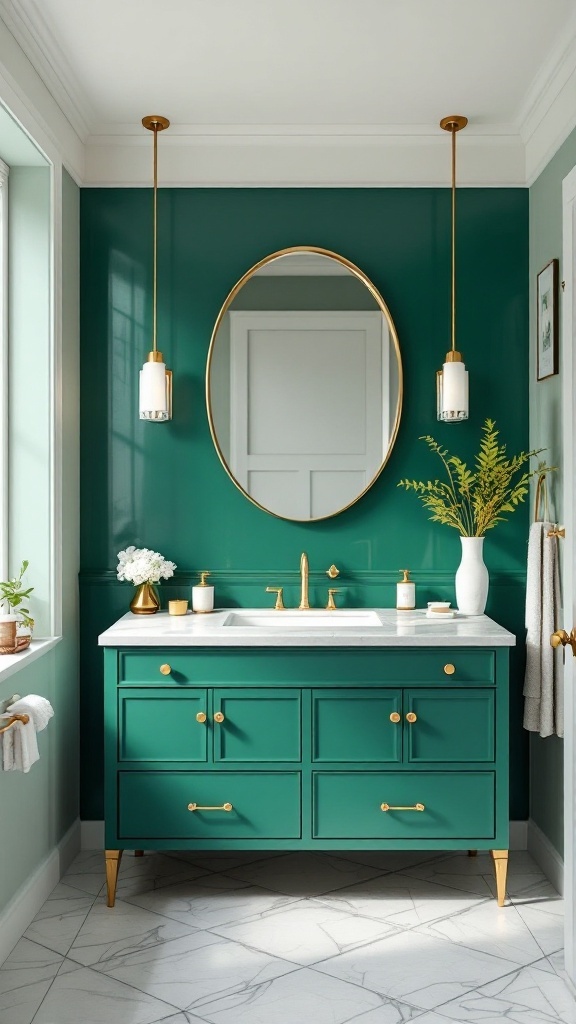A stylish bathroom featuring an emerald green accent wall, a light-colored vanity, gold fixtures, and plants for decoration.