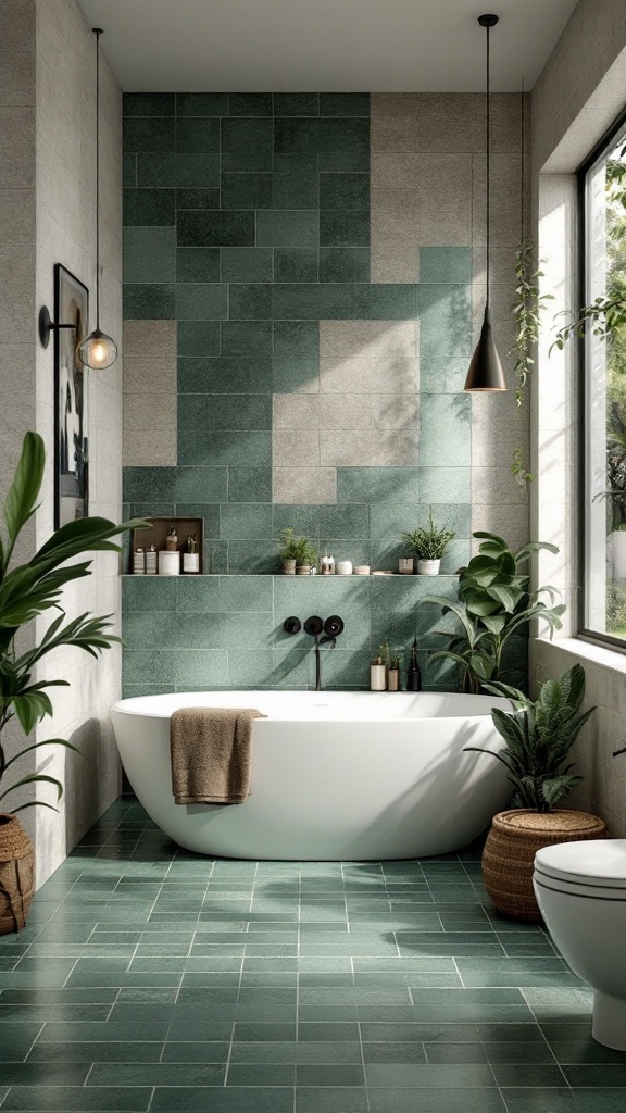 A modern bathroom featuring forest green tiles with natural stone accents, a freestanding bathtub, and plants.