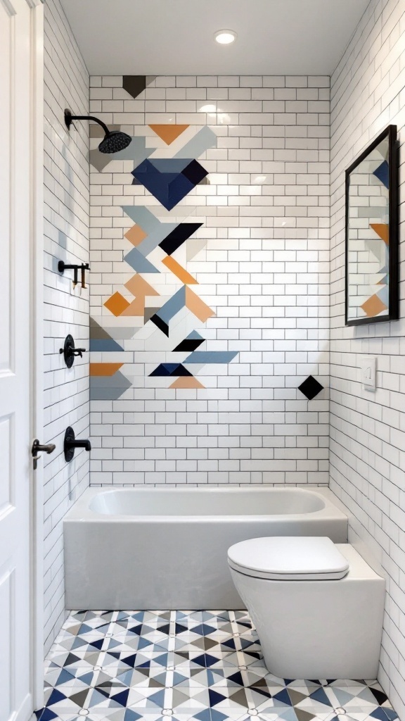 A modern bathroom featuring subway tiles with geometric patterns and colorful accents