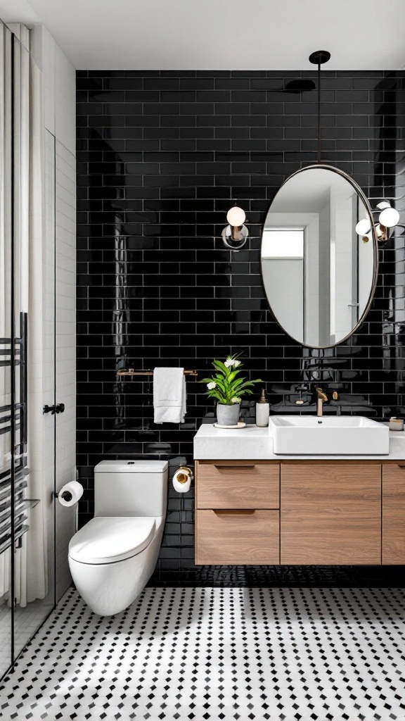 A modern bathroom featuring a glossy black subway tile accent wall, a white toilet, wooden cabinetry, and a stylish round mirror.