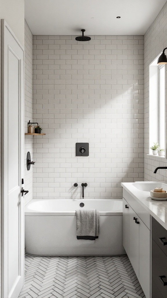 A bathroom featuring a herringbone pattern tile floor with white subway tiles on the walls.