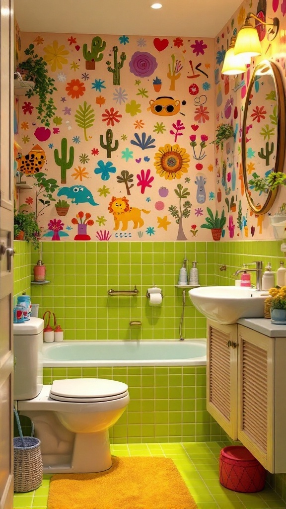 A vibrant bathroom with lime green tiles, colorful wallpaper, and playful decor.