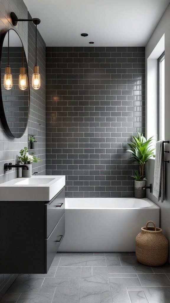 A modern bathroom featuring matte finish subway tiles, a sleek bathtub, and stylish fixtures.