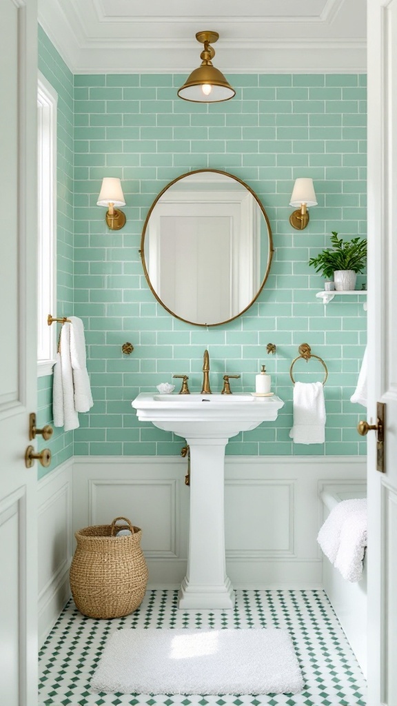 A beautifully designed bathroom featuring mint green subway tiles, white fixtures, and gold accents.