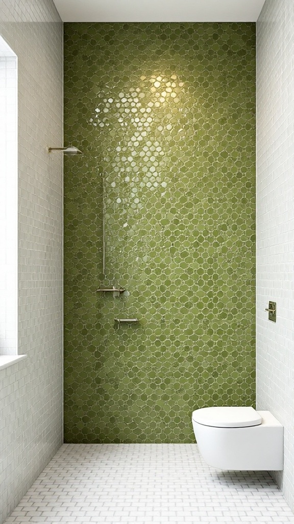 A bathroom featuring olive green mosaic tiles on the shower wall, with a modern toilet and light-colored flooring.