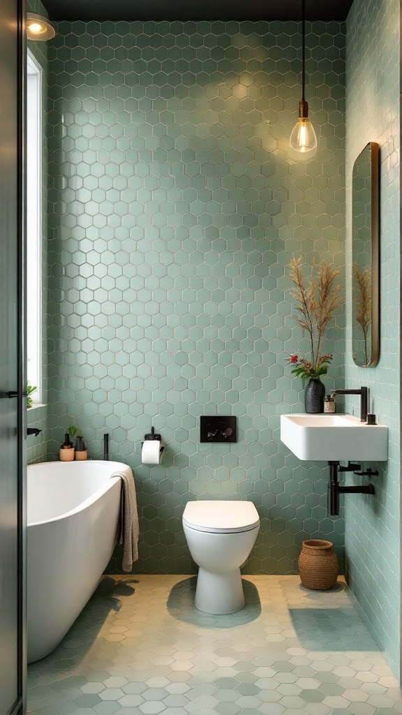 A modern bathroom featuring sage green hexagon tiles on the walls and floor, with a white bathtub, minimalist fixtures, and some decorative plants.