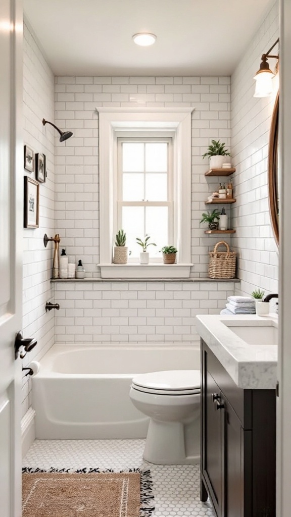 A small bathroom featuring white subway tiles on the walls, a window with plants, and decorative shelves.