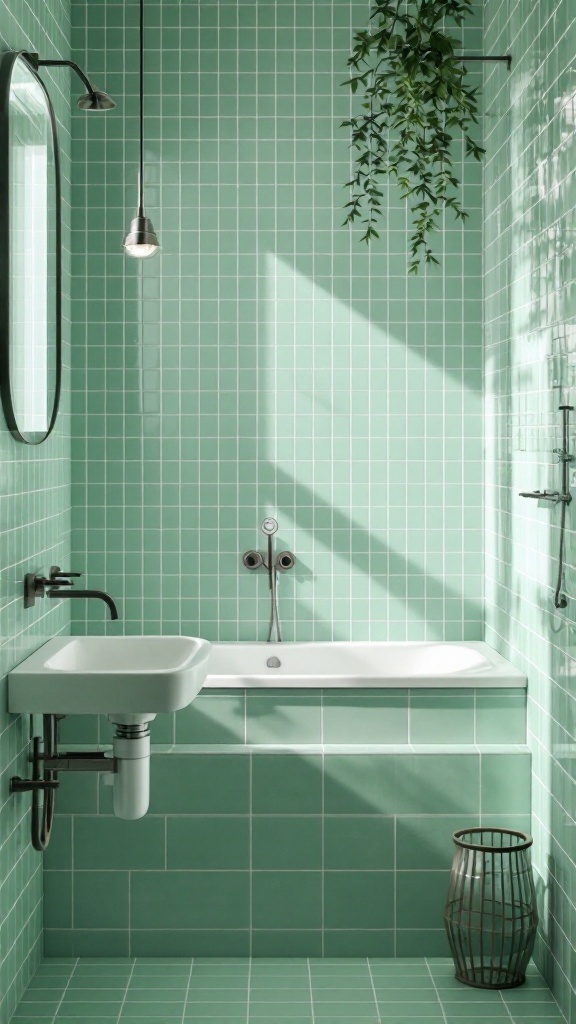 A bathroom featuring light green tiles with white grout, a bathtub, and a hanging plant.