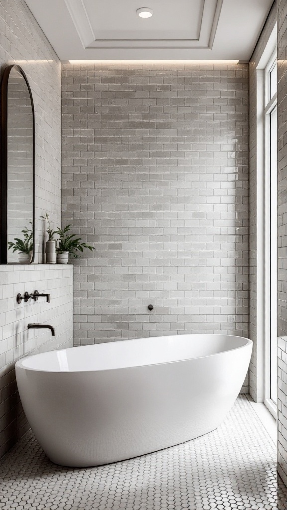 A modern bathroom featuring gray subway tiles on the walls, natural stone flooring, and a freestanding white bathtub.