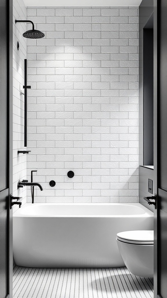 A modern bathroom featuring textured white subway tiles, a freestanding tub, and black fixtures.