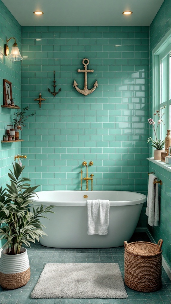 A bathroom with teal green tiles, a freestanding tub, and coastal decor.