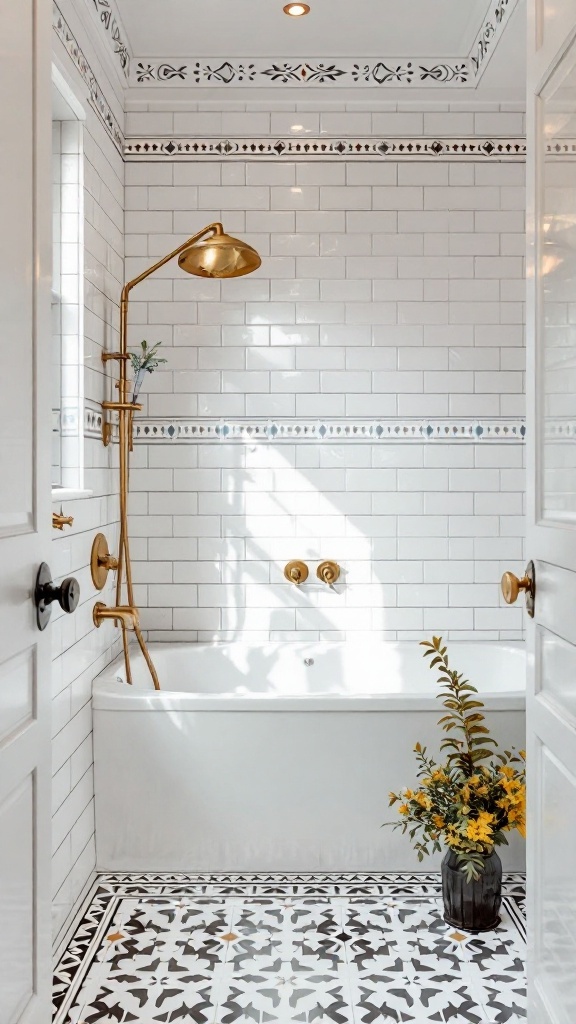 Bathroom with vintage subway tiles and decorative borders, featuring gold fixtures and patterned floor tiles.