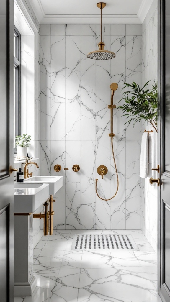 A modern bathroom with classic white marble tiles, featuring gold fixtures and a touch of greenery.