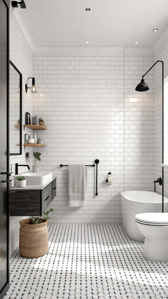 A contemporary bathroom featuring white brick tiles on the walls, a modern sink, and a stylish bathtub.