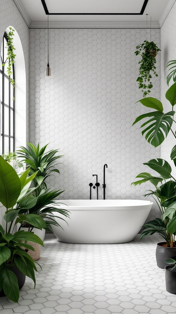 A modern bathroom featuring elegant white hexagon tiles, a freestanding bathtub, and lush green plants.