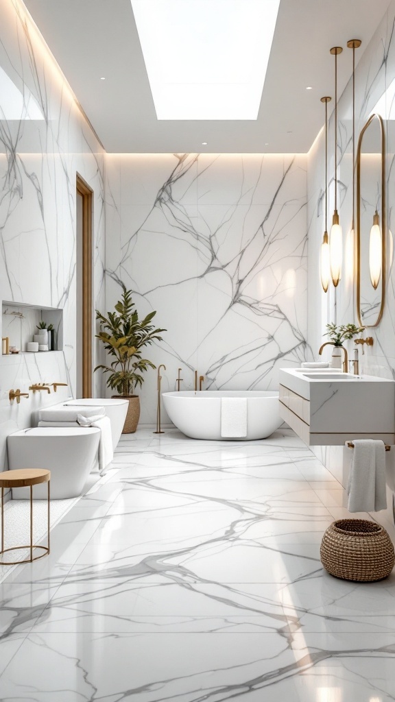 A luxurious bathroom featuring white porcelain tiles with a marble effect, a freestanding tub, and stylish fixtures.