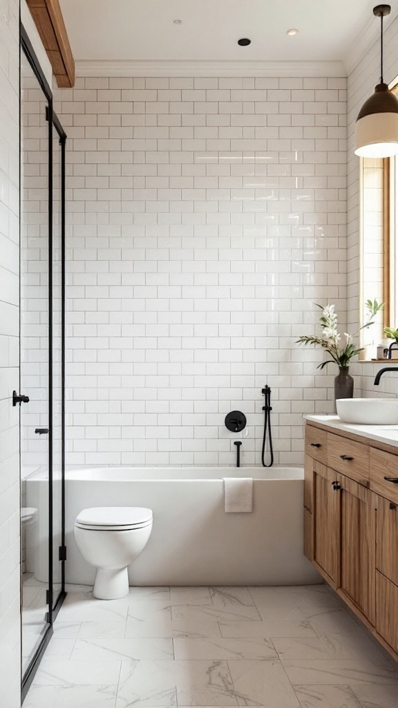 Minimalist bathroom design featuring white subway tiles, wooden cabinetry, and modern fixtures